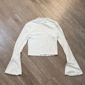 White Ribbed Women's Long Sleeve Mockneck Top Bell Sleeves